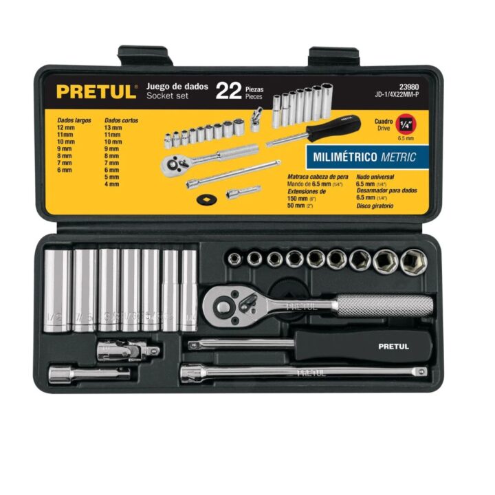 Set juego de dados, 22 Herramientas Pretul 1/4′ mm para Mecánico 23980