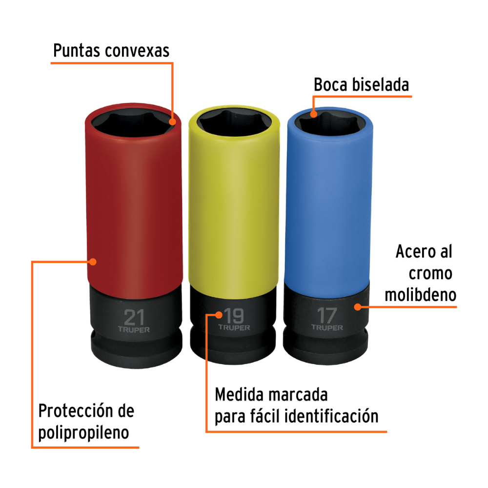 Dado de impacto tubular 3pz, encastre 1/2, en MM, impacto protección plástica TRUPER