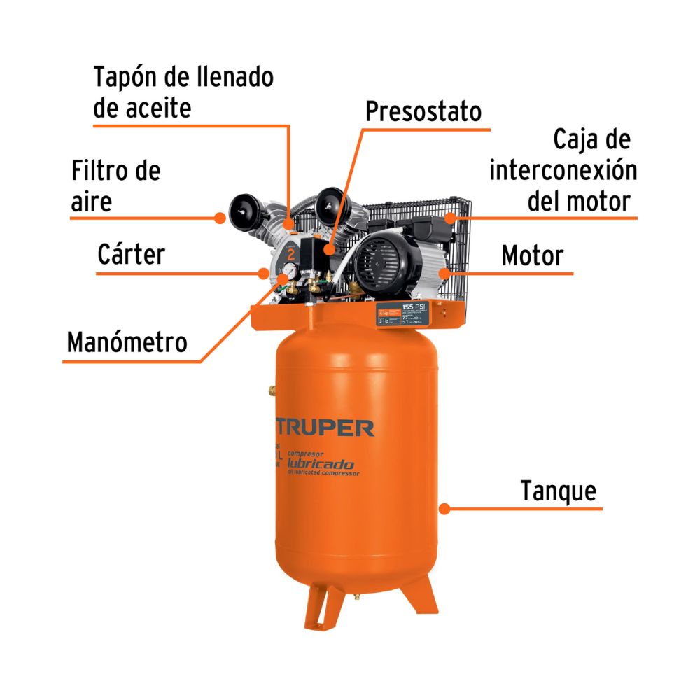 Compresor vertical 120 L, 4 HP (máx), 220 V, con clavija TRUPER