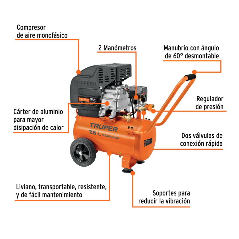 Compresor lubricado de aire, 25 L, 220 V/60 Hz TRUPER