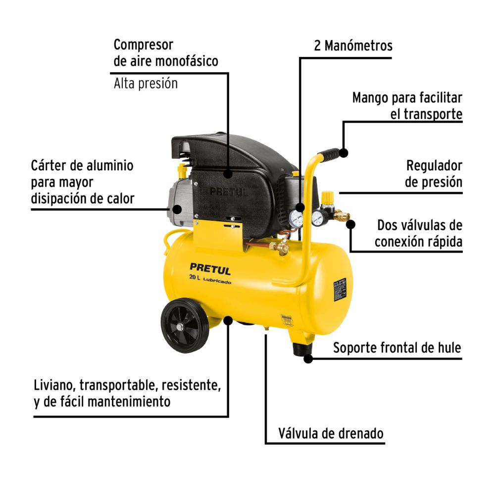 Compresor lubricado de aire, 20 L, 220 V/60 Hz, PRETUL