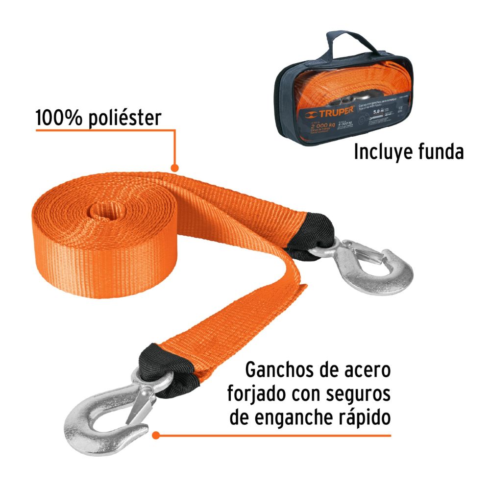 Correa con ganchos para remolque, Carga de ruptura: 4,000kg TRUPER
