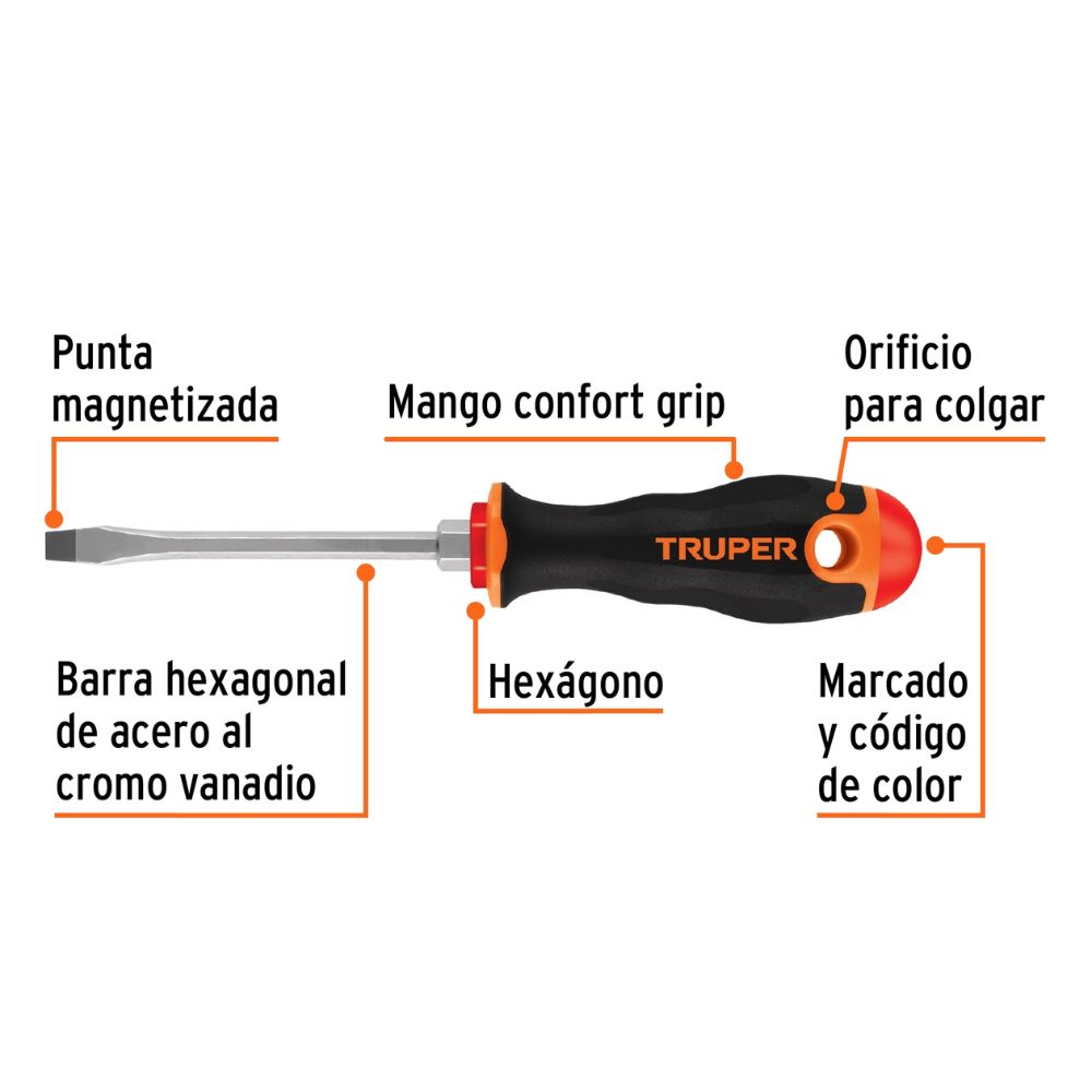 Desarmador plano 1/4″ x 4″ mango Comfort Grip, TRUPER