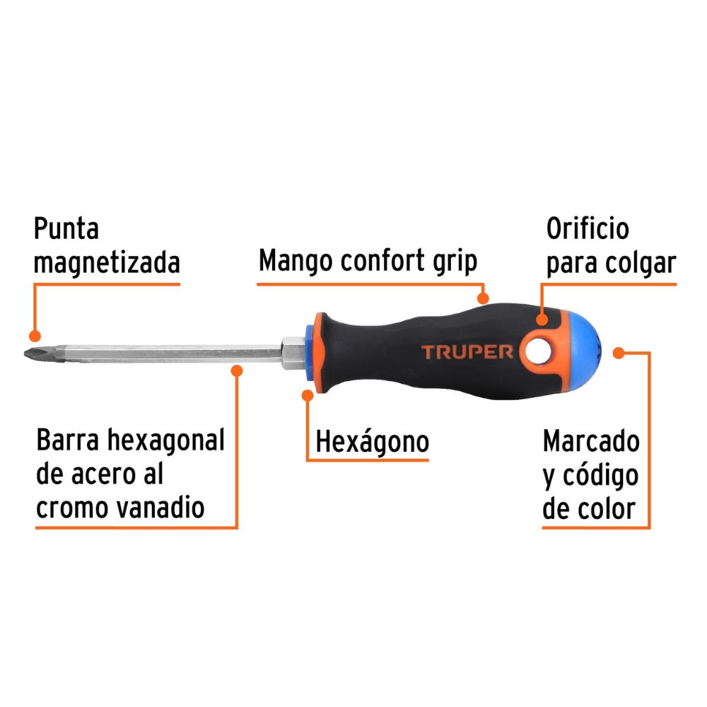 Desarmador estrella 1/4″ x 4″ mango Comfort Grip, TRUPER