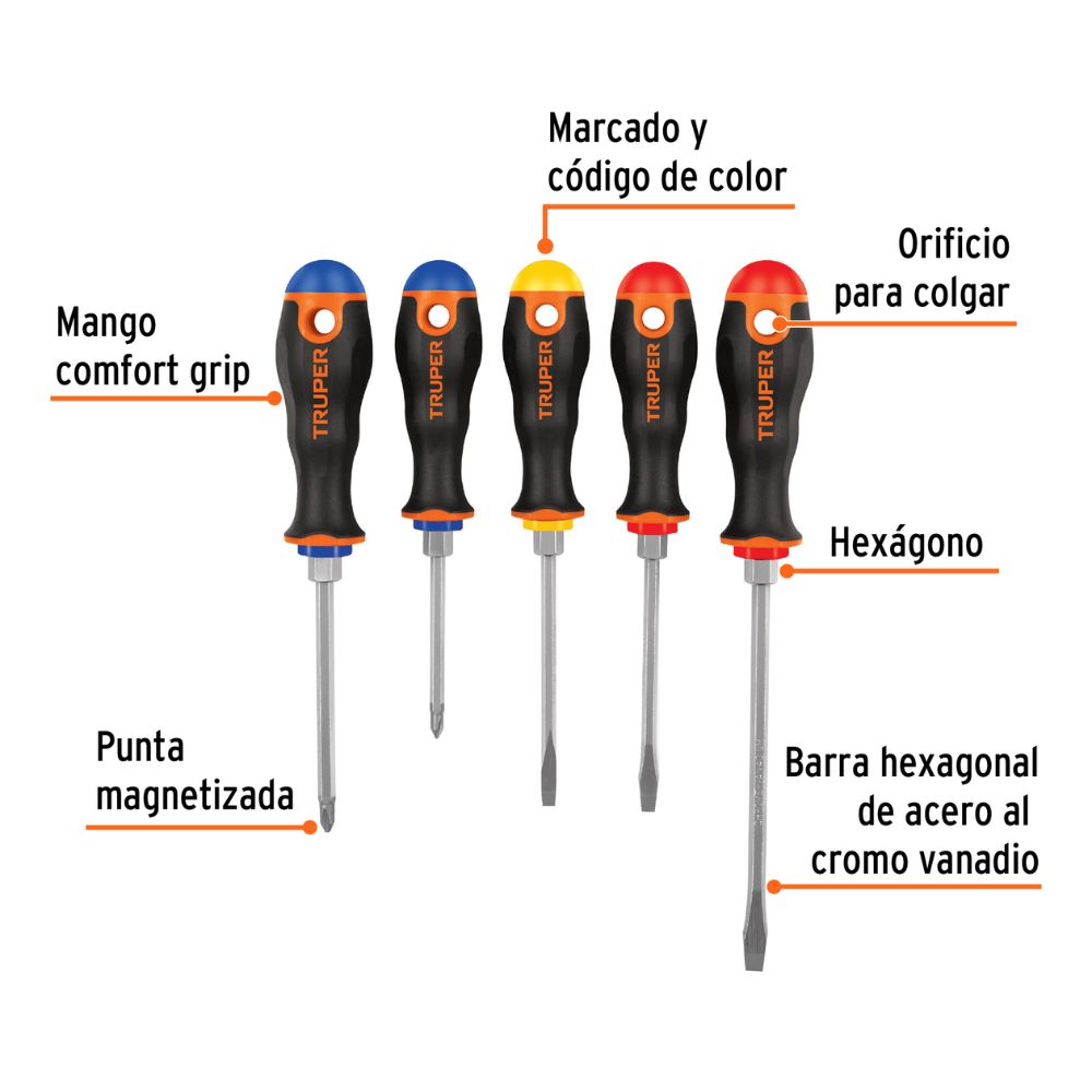Juego de desarmadores 5pz mango Comfort Grip, TRUPER