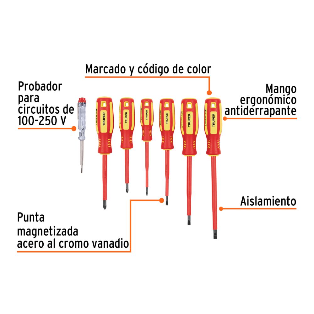 Juego de desarmadores dieléctricos 6pz + 1 detector de energía TRUPER