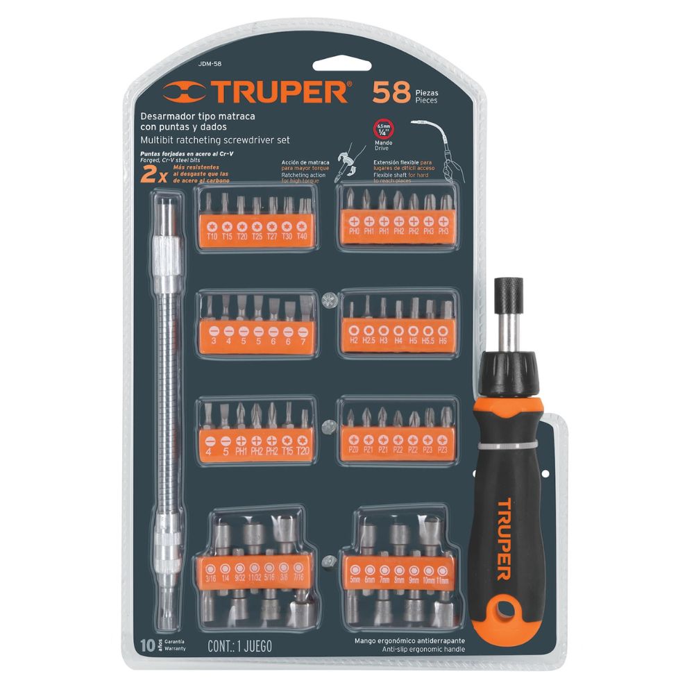 Desarmador tipo ratchet con 42 puntas, 14 dados y extensión TRUPER