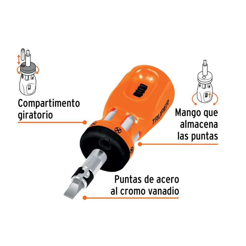 Desarmadores honguito con ratchet y 6 puntas dobles, TRUPER