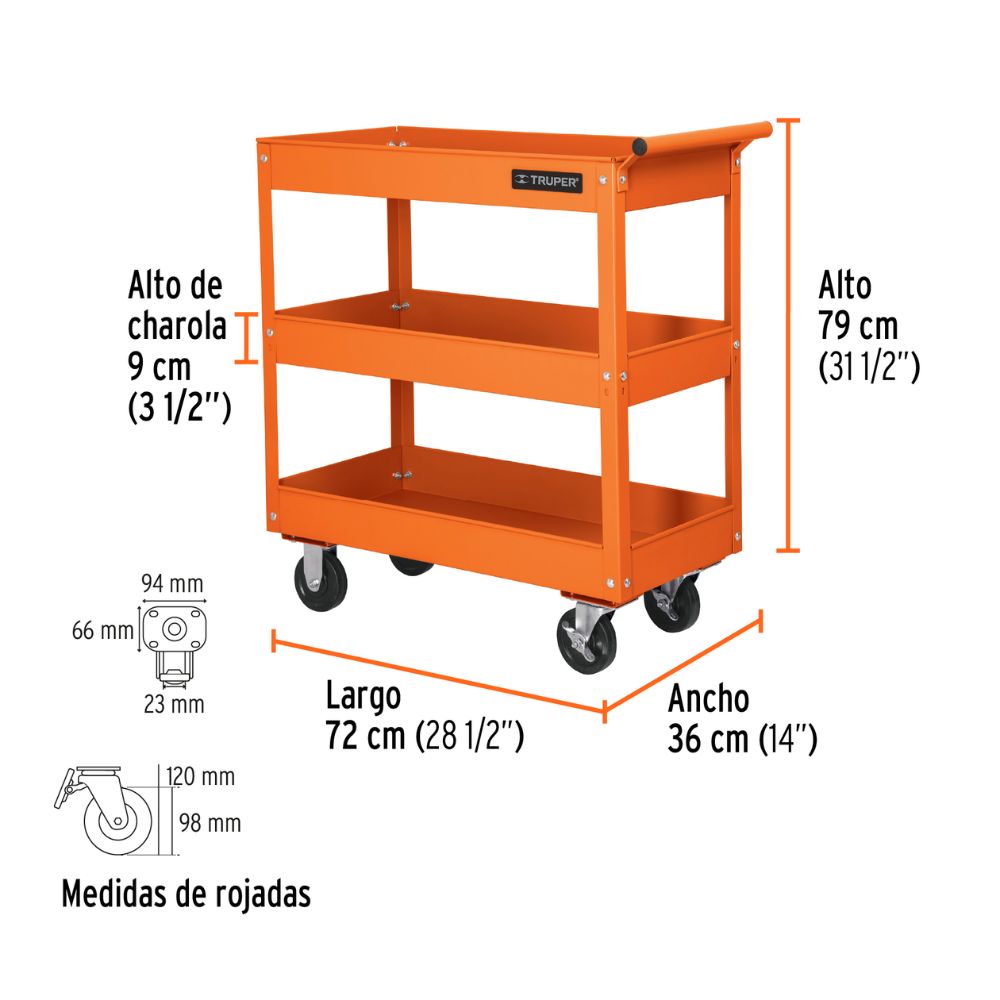 Organizador, carro para herramientas metálico con rueda, 3 bandejas, TRUPER