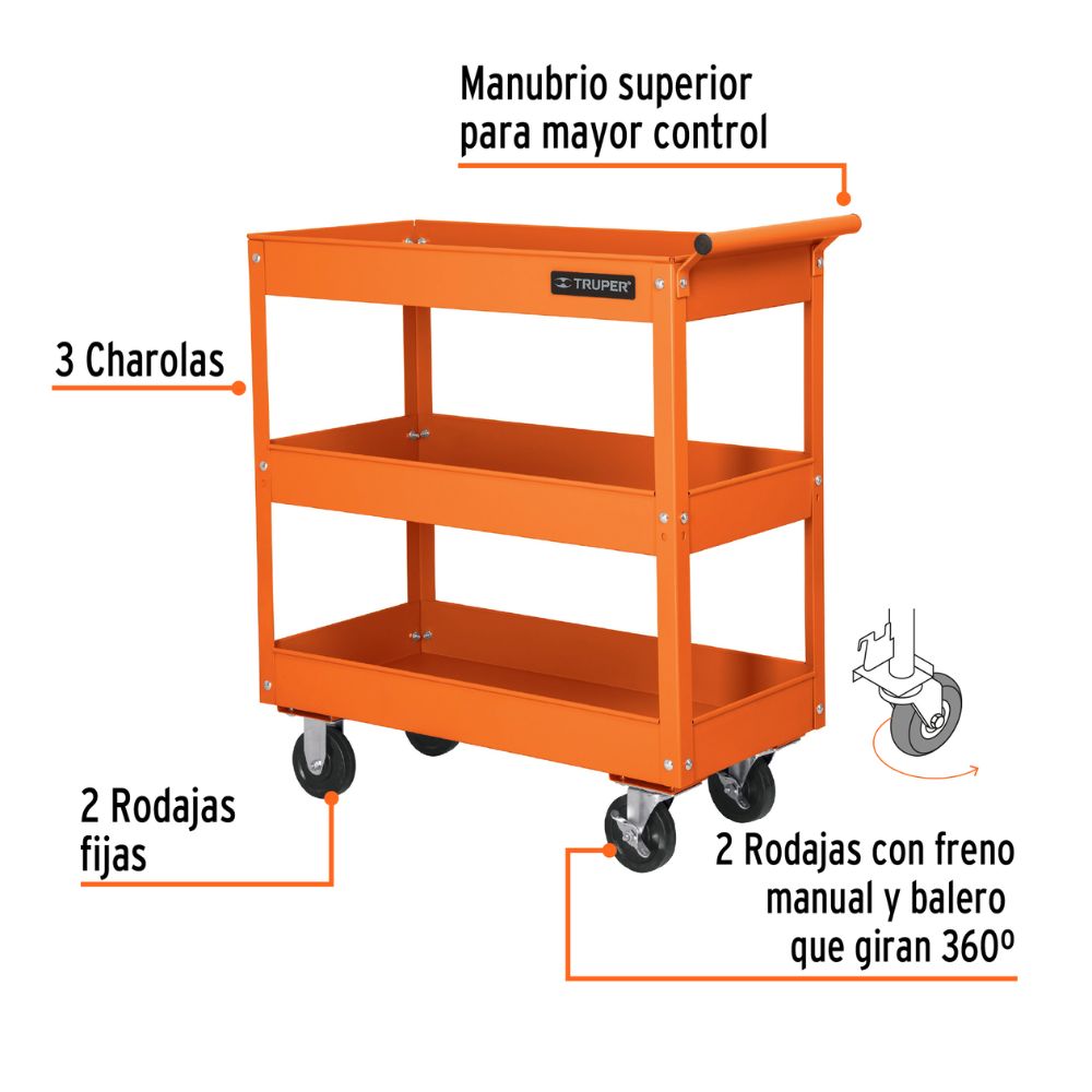 Organizador, carro para herramientas metálico con rueda, 3 bandejas, TRUPER