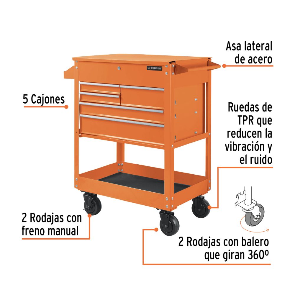 Organizador, carro metálico 5 cajones, capacidad 320 kg, TRUPER