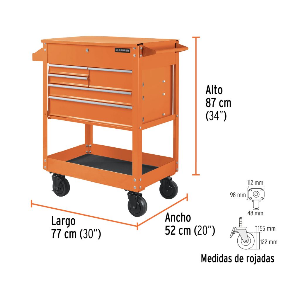 Organizador, carro metálico 5 cajones, capacidad 320 kg, TRUPER