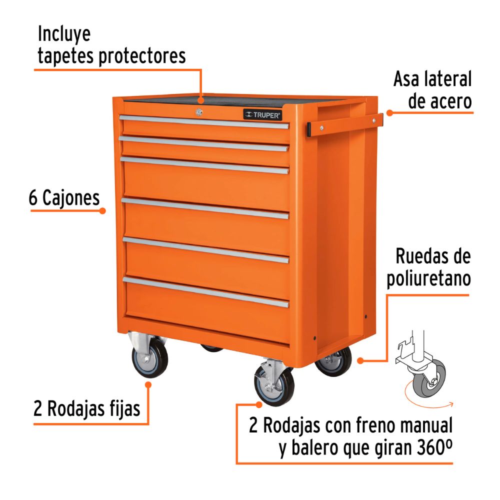Organizador, carro metálico, 6 cajones, capacidad 130 kg, TRUPER