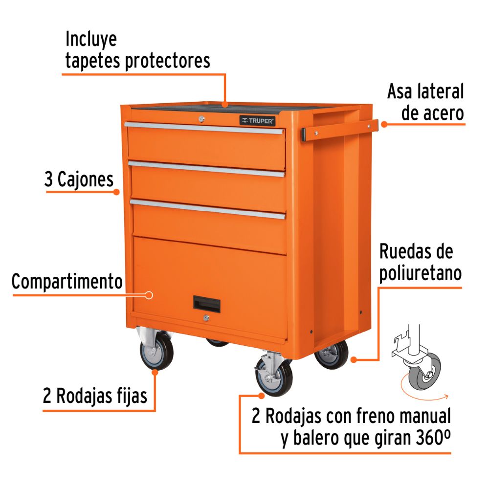 Organizador, carro metálico, 4 cajones, capacidad 90 kg, TRUPER