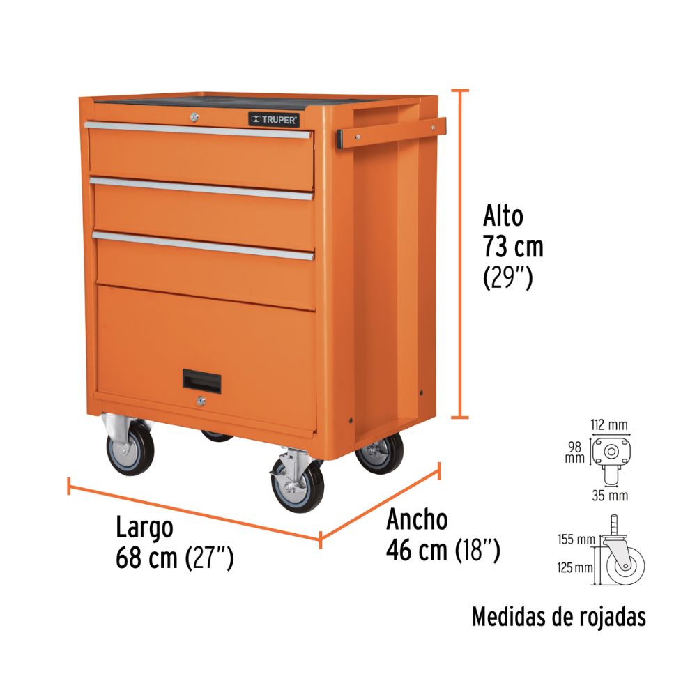 Organizador, carro metálico, 4 cajones, capacidad 90 kg, TRUPER