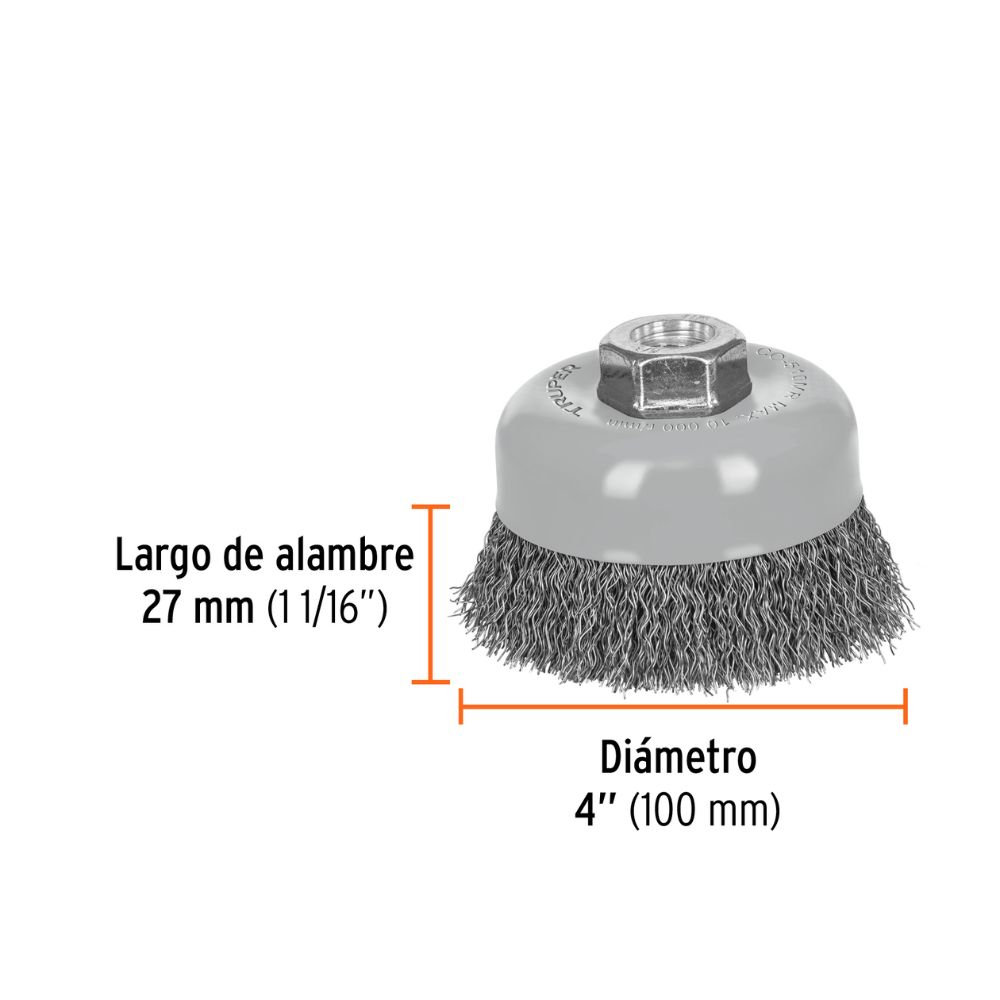 Escobilla tipo copa  4″ alambre ondulado fino TRUPER