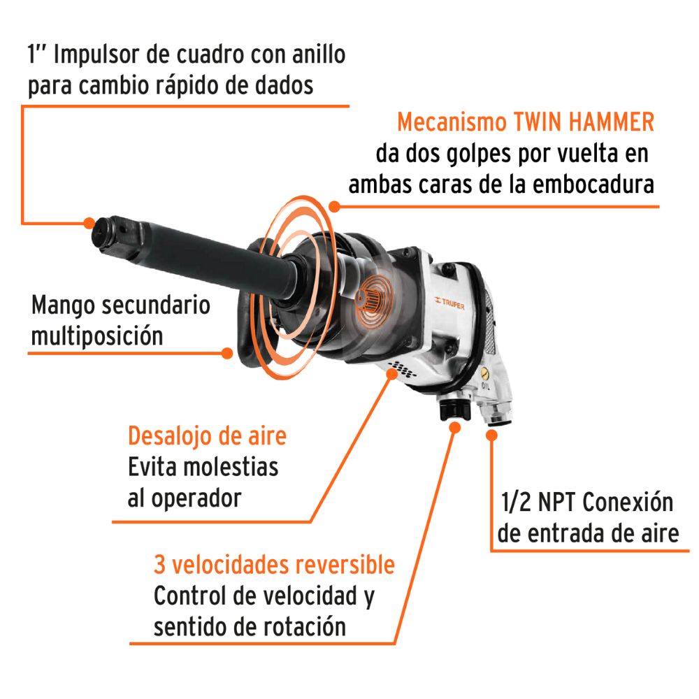 Llave de impacto neumática 1″, industrial, TRUPER
