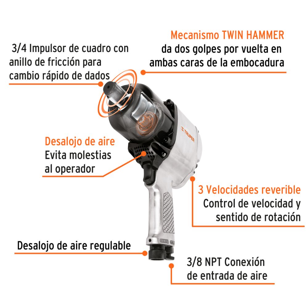 Llave de impacto neumática 3/4″, industrial, TRUPER