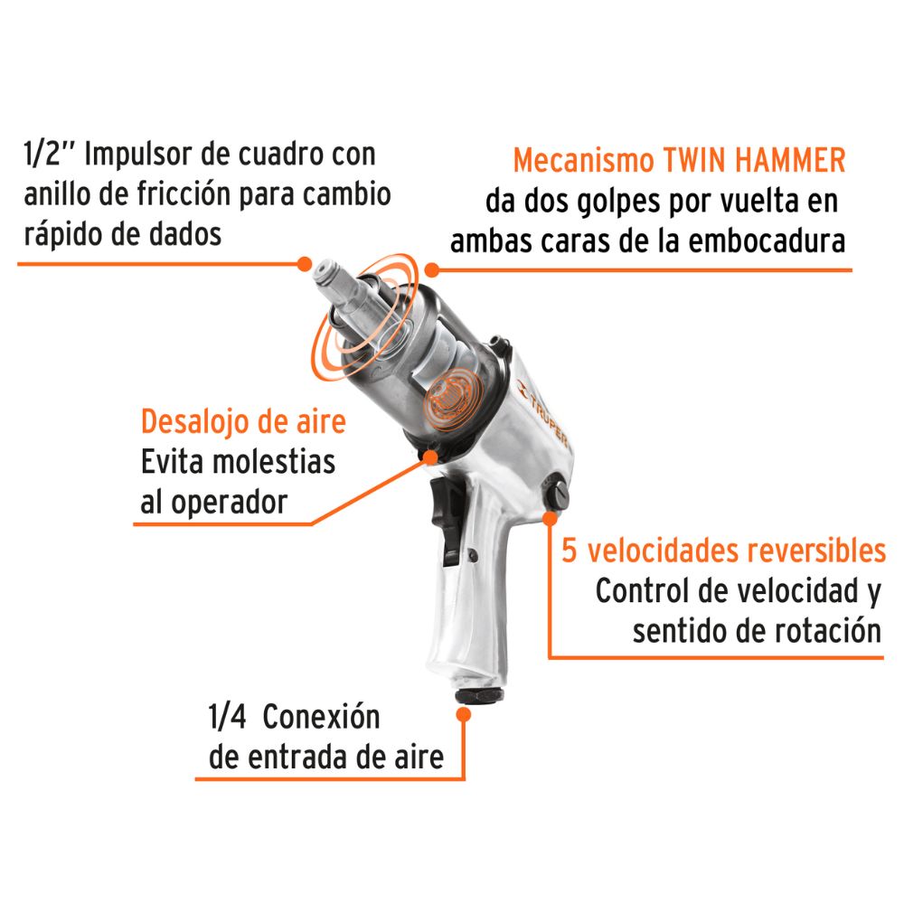 Llave de impacto neumática 1/2″, industrial, TRUPER