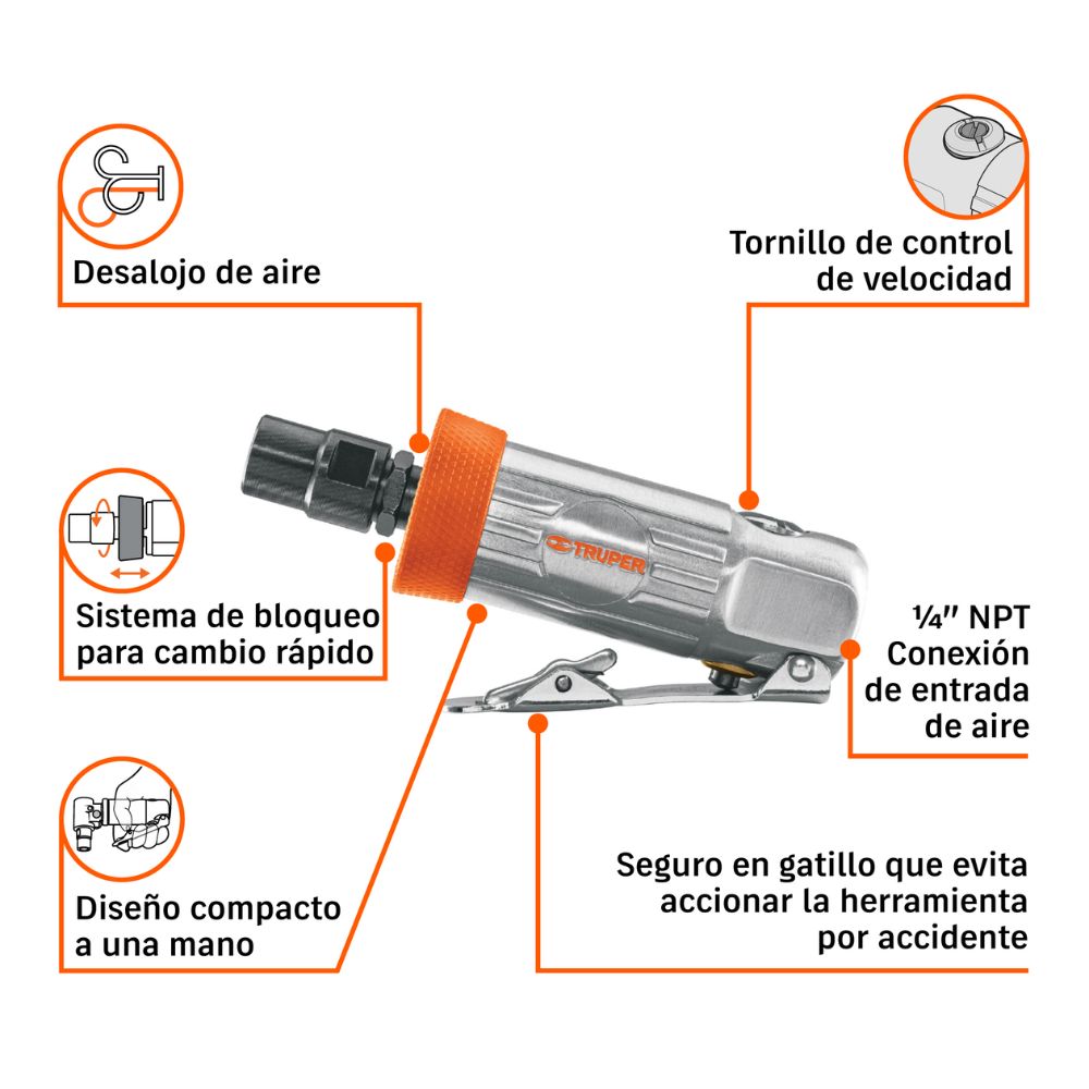 Mini rectificador neumático 1/4″ recto, TRUPER