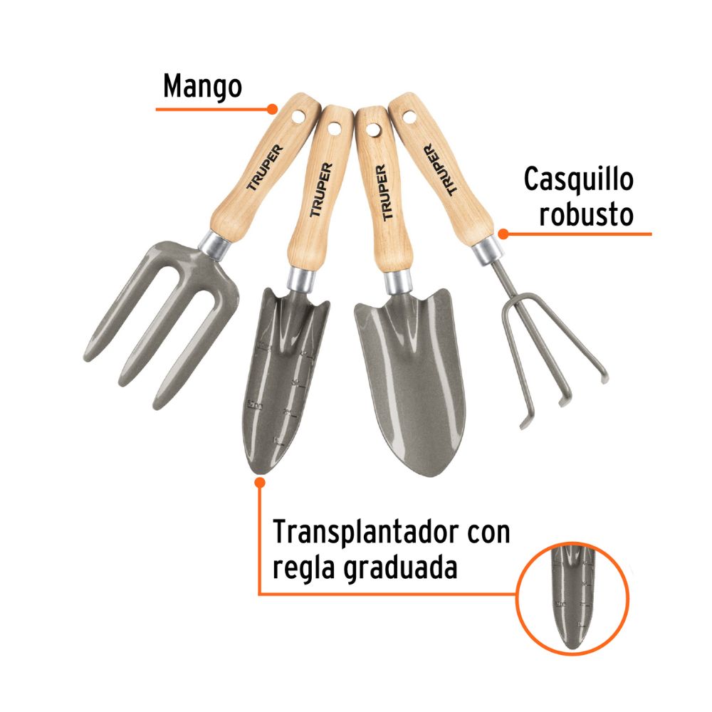 Herramientas de jardinería 4pz, mangos de 6″  TRUPER