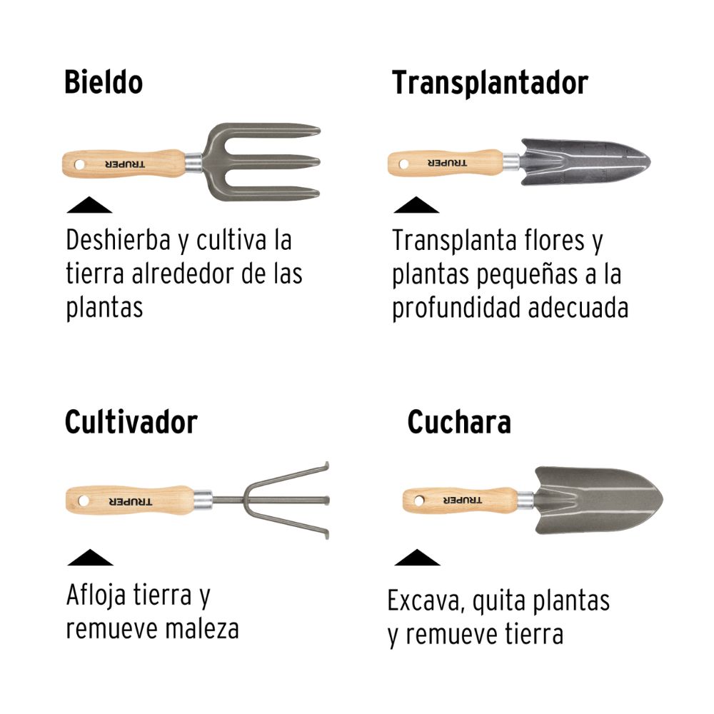 Herramientas de jardinería 4pz, mangos de 6″  TRUPER