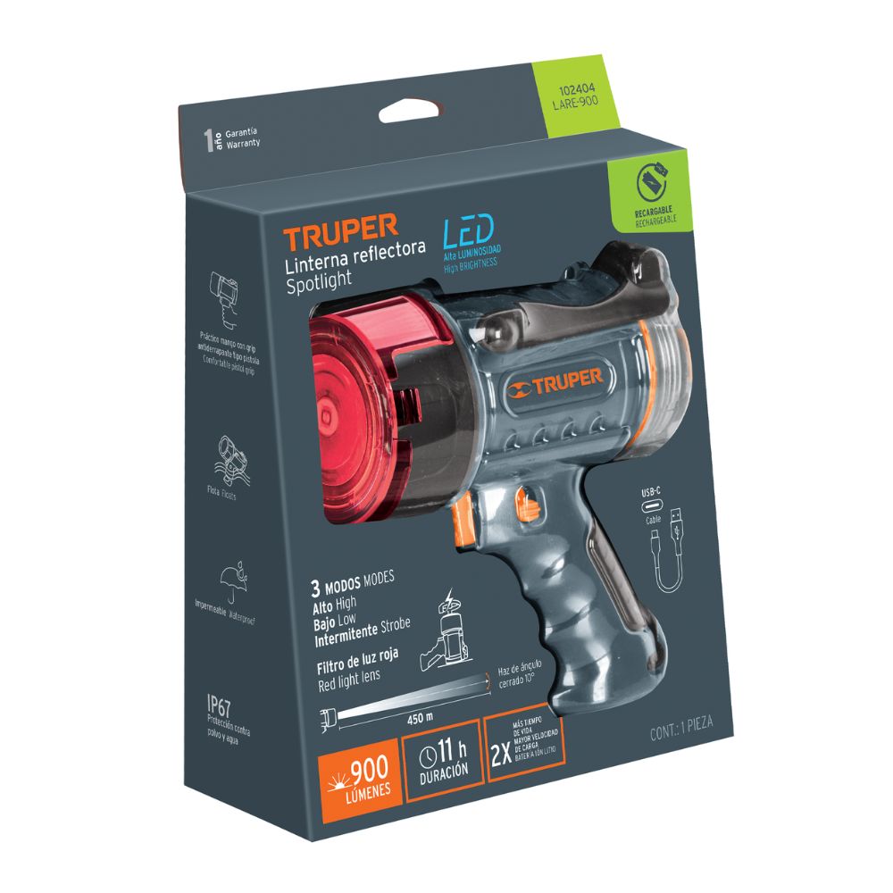 Linterna reflectora LED 900 lm, recargable, TRUPER